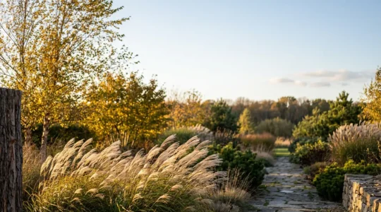 Jardín en transición estacional con árboles caducos y gramíneas ornamentales