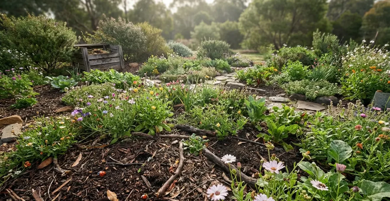 Jardín ecológico con plantas nativas, insectos benéficos y suelo vivo en armonía natural