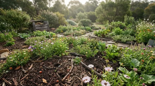 Jardín ecológico con plantas nativas, insectos benéficos y suelo vivo en armonía natural