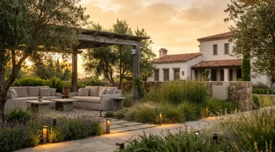 Vista panorámica de un jardín inteligente con sistema automatizado de iluminación y riego controlado por domótica