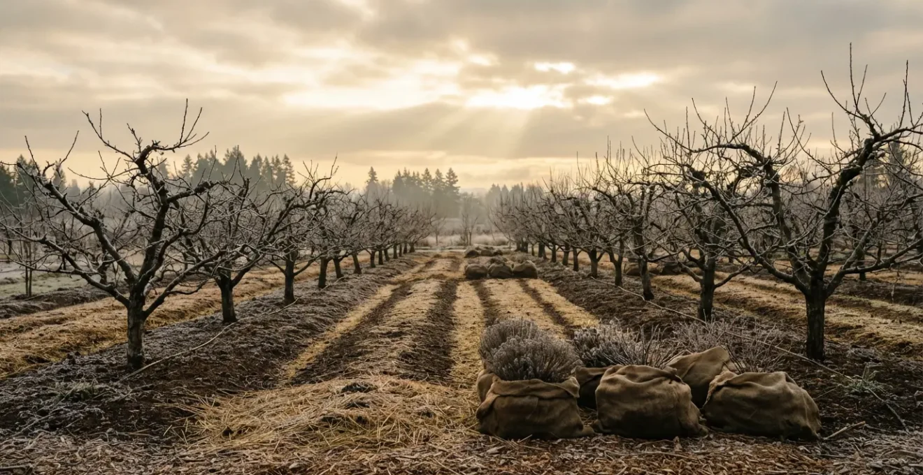 Jardín en reposo invernal mostrando ramas desnudas y suelo acolchado preparándose para la explosión primaveral