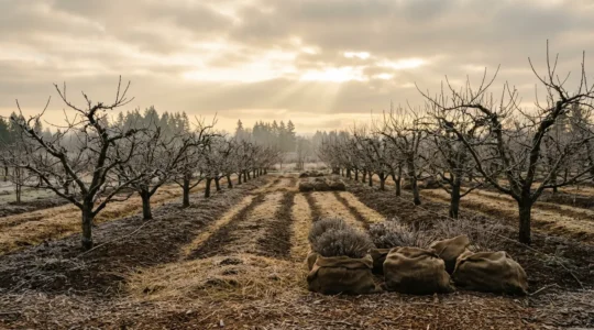 Jardín en reposo invernal mostrando ramas desnudas y suelo acolchado preparándose para la explosión primaveral