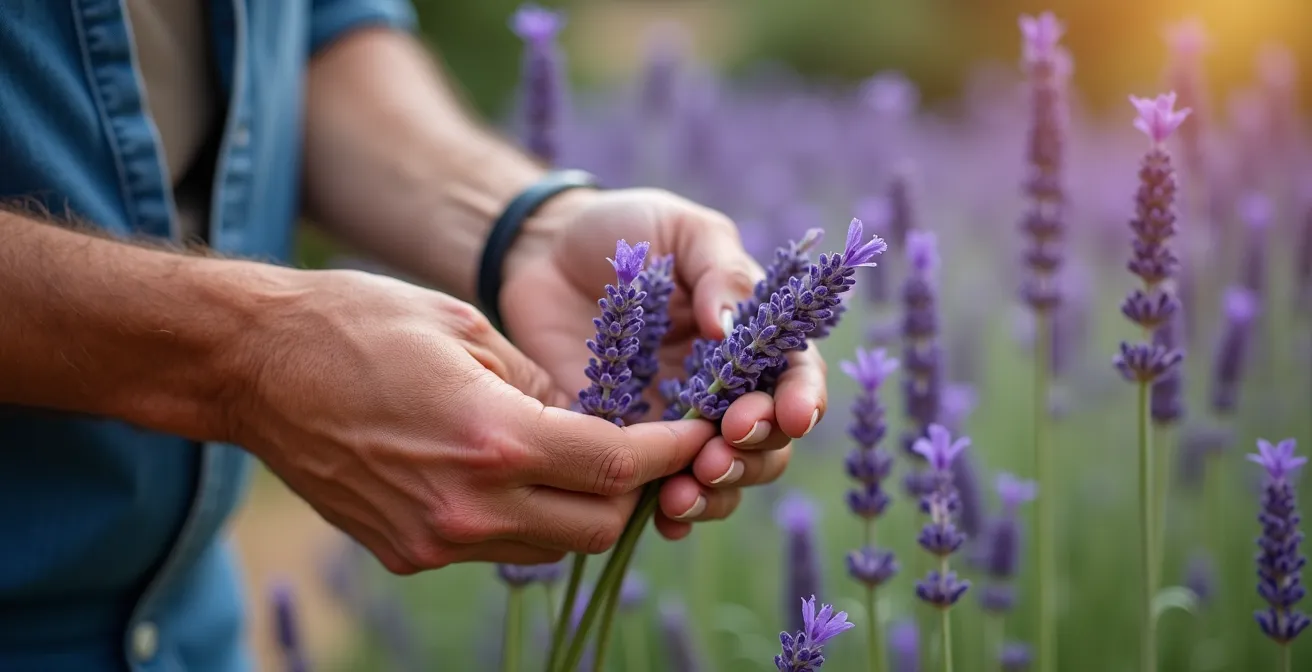 Rincón de jardín mediterráneo con romero, tomillo y lavanda en terrazas de piedra natural