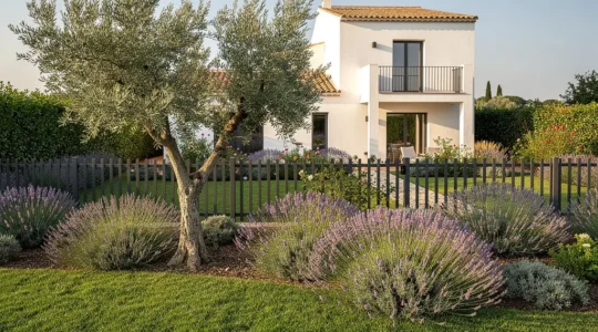 Jardín mediterráneo con valla de aluminio lacado delimitando perímetro