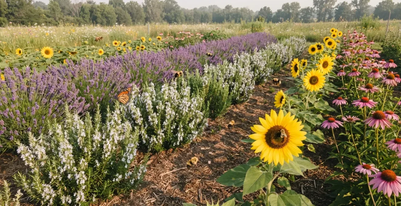 Jardín melífero vibrante con lavanda, romero y girasoles rodeados de abejas y mariposas