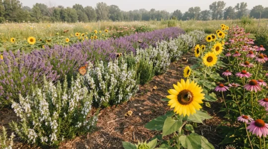 Jardín melífero vibrante con lavanda, romero y girasoles rodeados de abejas y mariposas