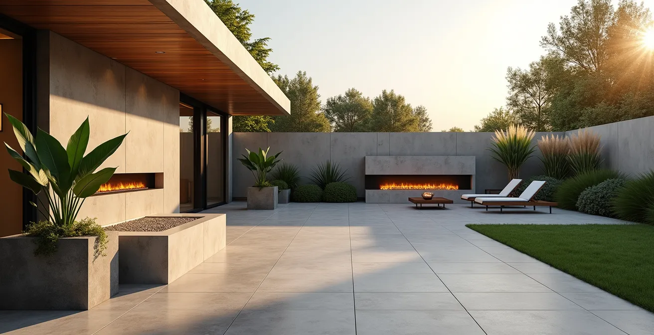 Jardín minimalista con biochimenea exterior, fuente de pared, maceteros con texturas orgánicas y gramíneas altas moviéndose con el viento
