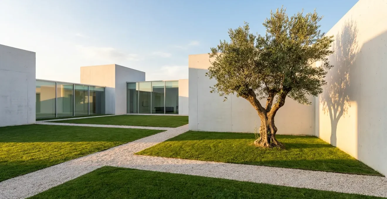 Jardín minimalista con líneas geométricas puras y arquitectura moderna al fondo