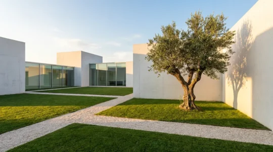 Jardín minimalista con líneas geométricas puras y arquitectura moderna al fondo