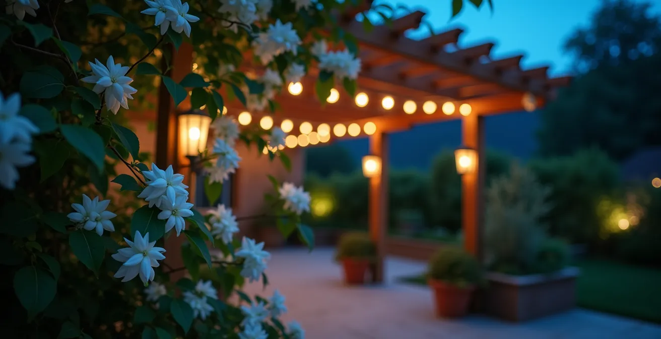 Vista nocturna de un jardín con jazmín trepador iluminado por luz de luna suave