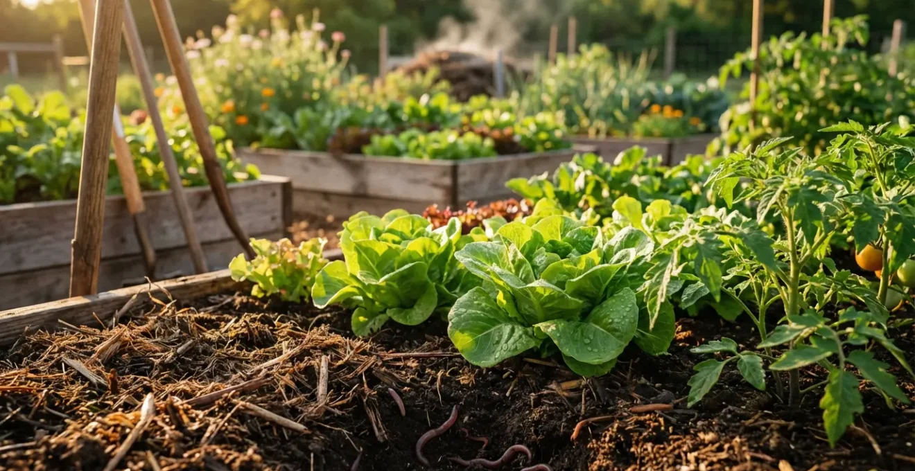 Jardín orgánico saludable con plantas floreciendo en suelo rico en humus y compost