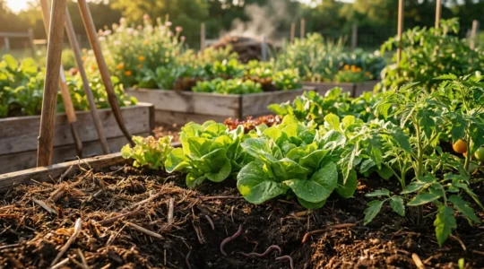 Jardín orgánico saludable con plantas floreciendo en suelo rico en humus y compost