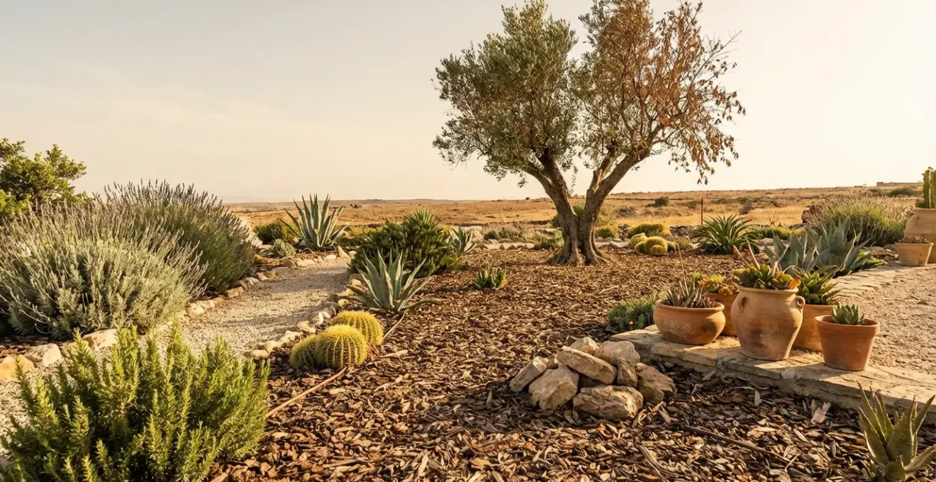 Jardín en sequía extrema con plantas resistentes mostrando adaptación