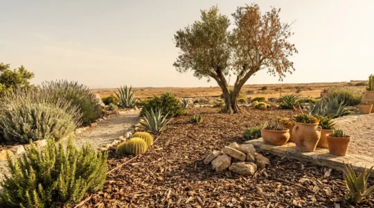 Jardín en sequía extrema con plantas resistentes mostrando adaptación