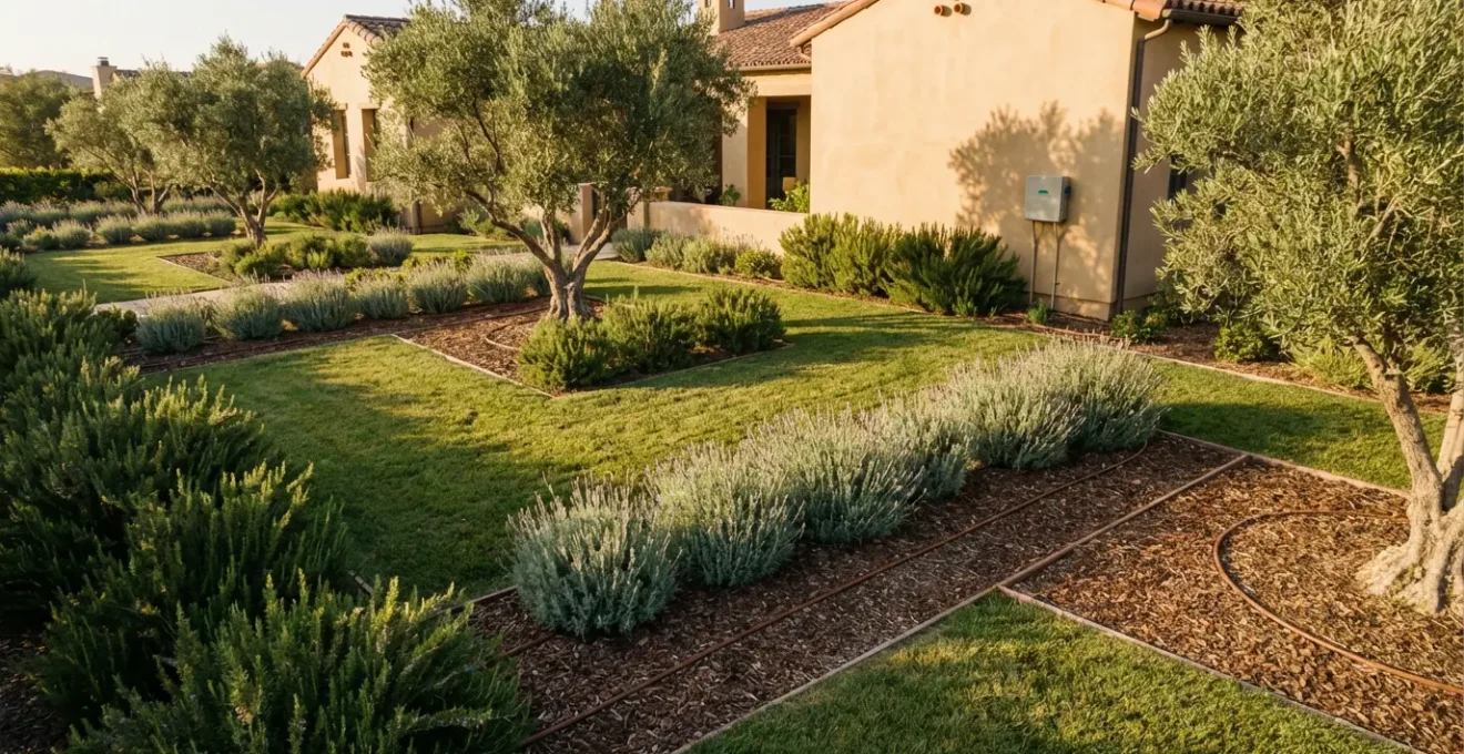Vista aérea de un jardín residencial con zonas de césped verde intercaladas con plantas mediterráneas resistentes a la sequía, mostrando un sistema de riego eficiente