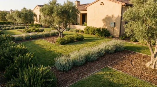 Vista aérea de un jardín residencial con zonas de césped verde intercaladas con plantas mediterráneas resistentes a la sequía, mostrando un sistema de riego eficiente
