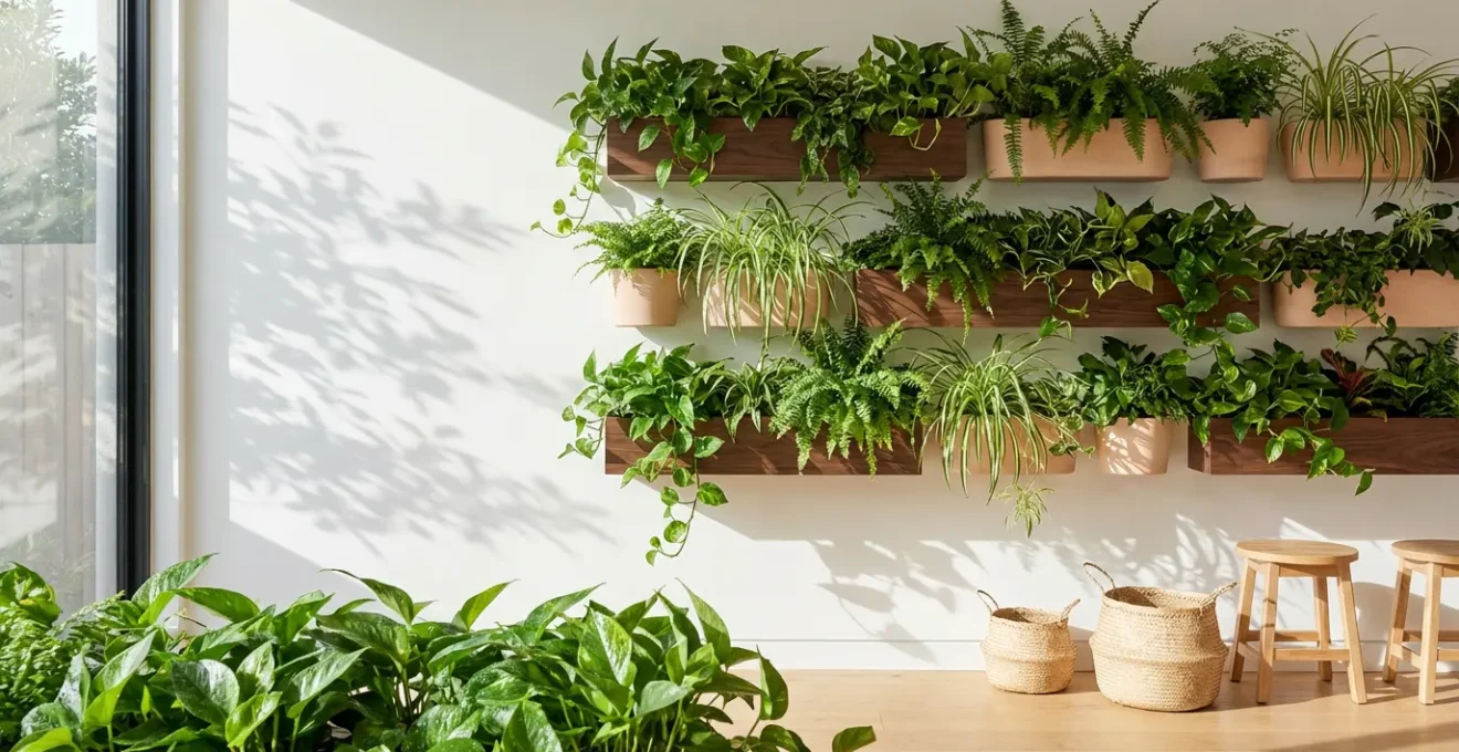 Vista de un exuberante jardín vertical interior con plantas tropicales en múltiples niveles filtrando la luz natural