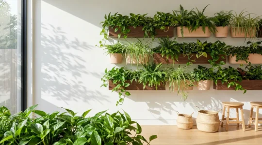 Vista de un exuberante jardín vertical interior con plantas tropicales en múltiples niveles filtrando la luz natural