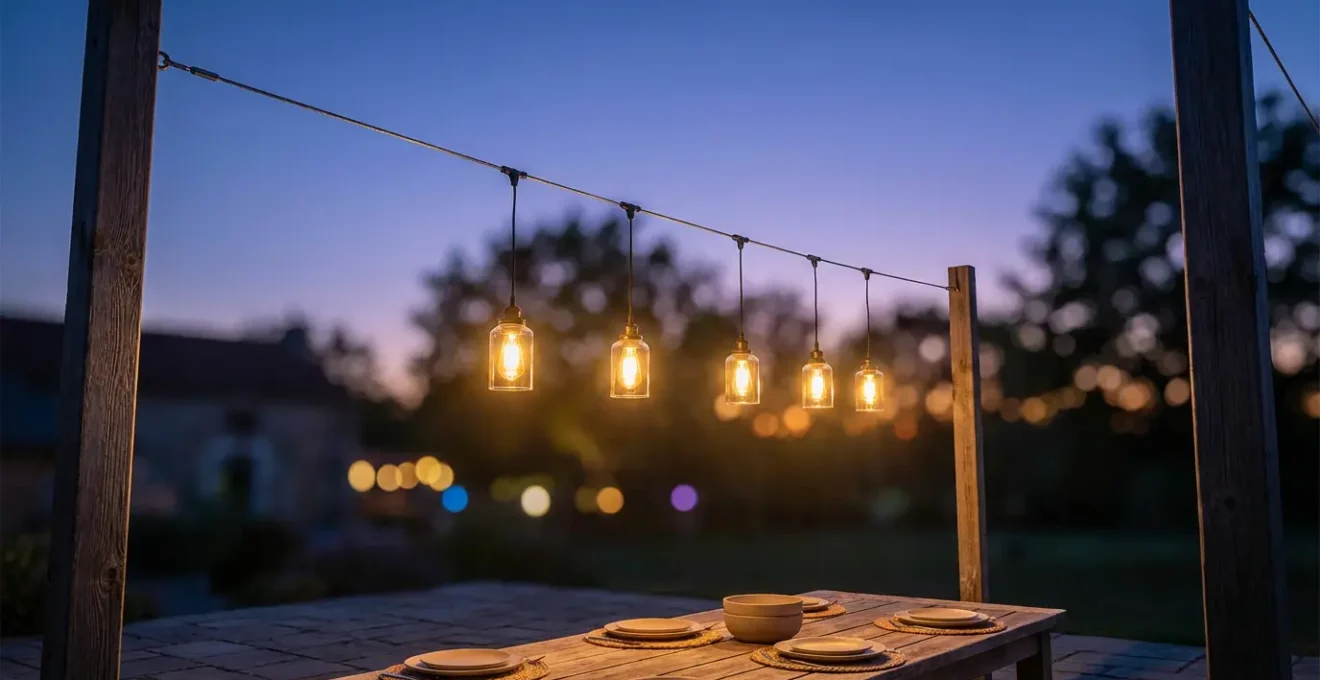 Lámparas colgantes suspendidas de estructura de pérgola sobre mesa de comedor exterior al atardecer
