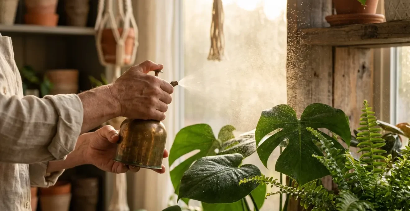 Manos pulverizando agua sobre hojas de plantas de interior para eliminar el polvo acumulado