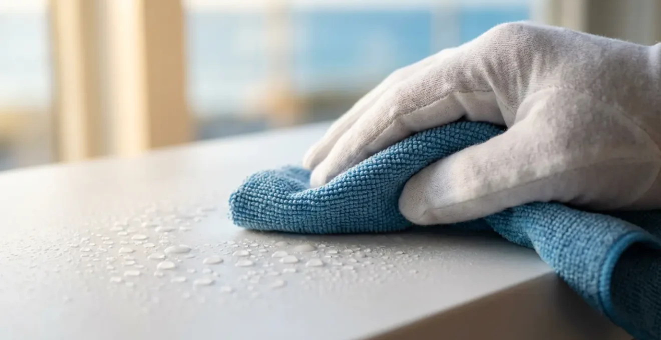 Mano con paño de microfibra limpiando superficie de aluminio lacado blanco