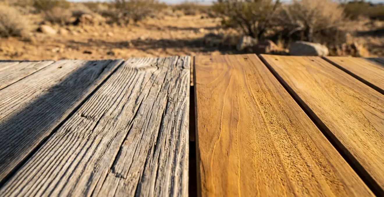 Comparación visual de madera expuesta al sol versus madera protegida