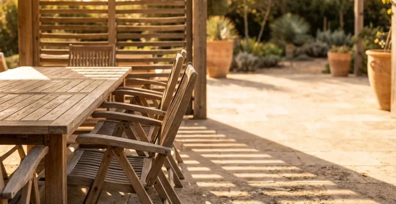 Muebles de madera de teca en terraza protegidos de la radiación solar