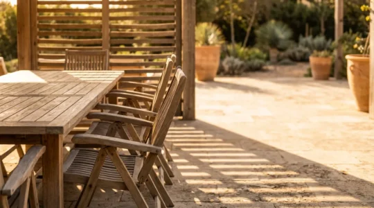 Muebles de madera de teca en terraza protegidos de la radiación solar