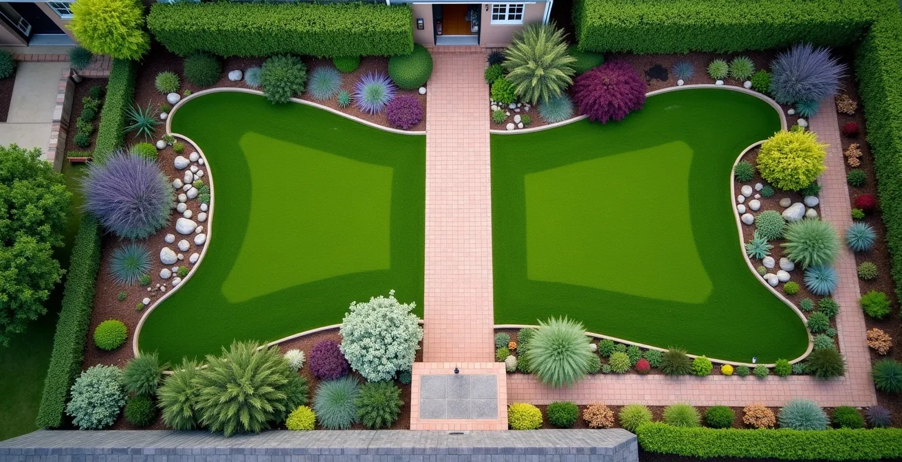 Plano aéreo de jardín dividido en zonas de riego según necesidades hídricas