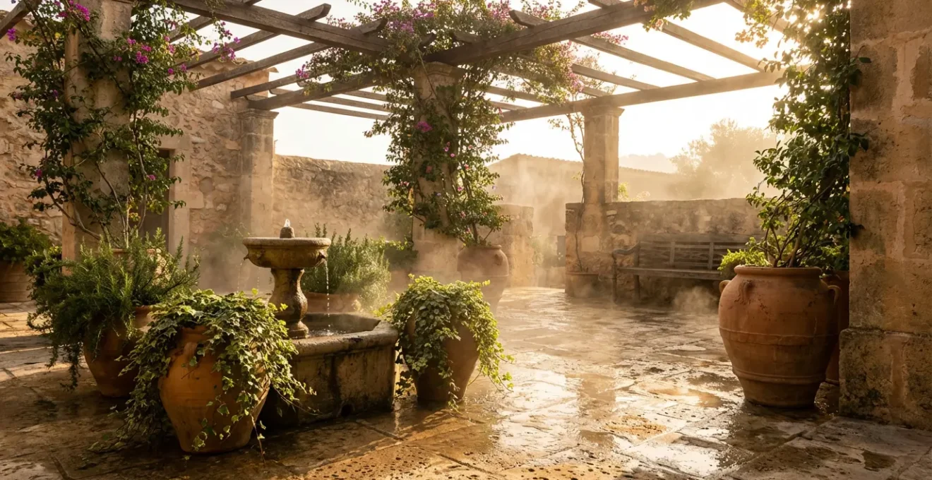 Patio mediterráneo con fuente de piedra y plantas trepadoras creando sombra natural