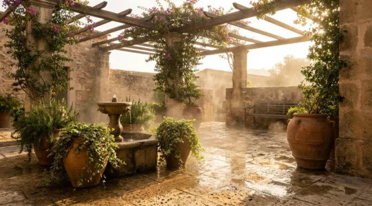 Patio mediterráneo con fuente de piedra y plantas trepadoras creando sombra natural
