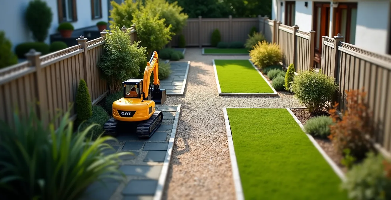 Vista aérea de jardín trasero mostrando diferentes rutas de acceso para maquinaria de construcción