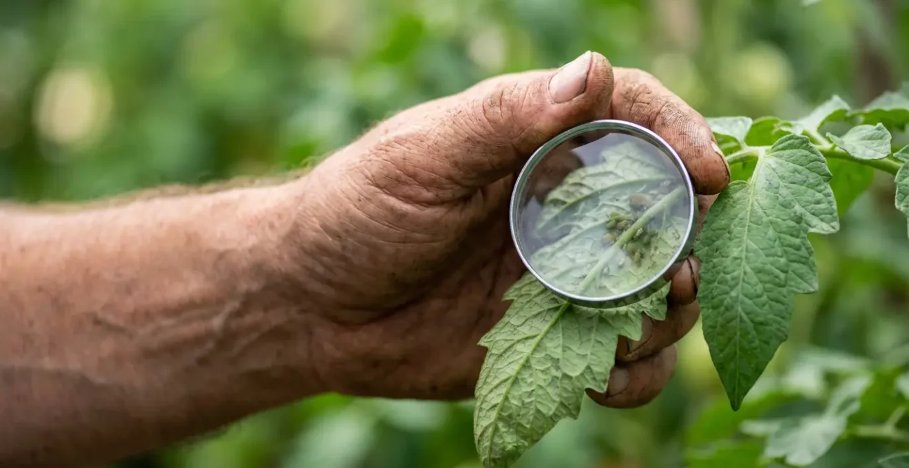 Inspección detallada de pulgones en el envés de una hoja con lupa de bolsillo