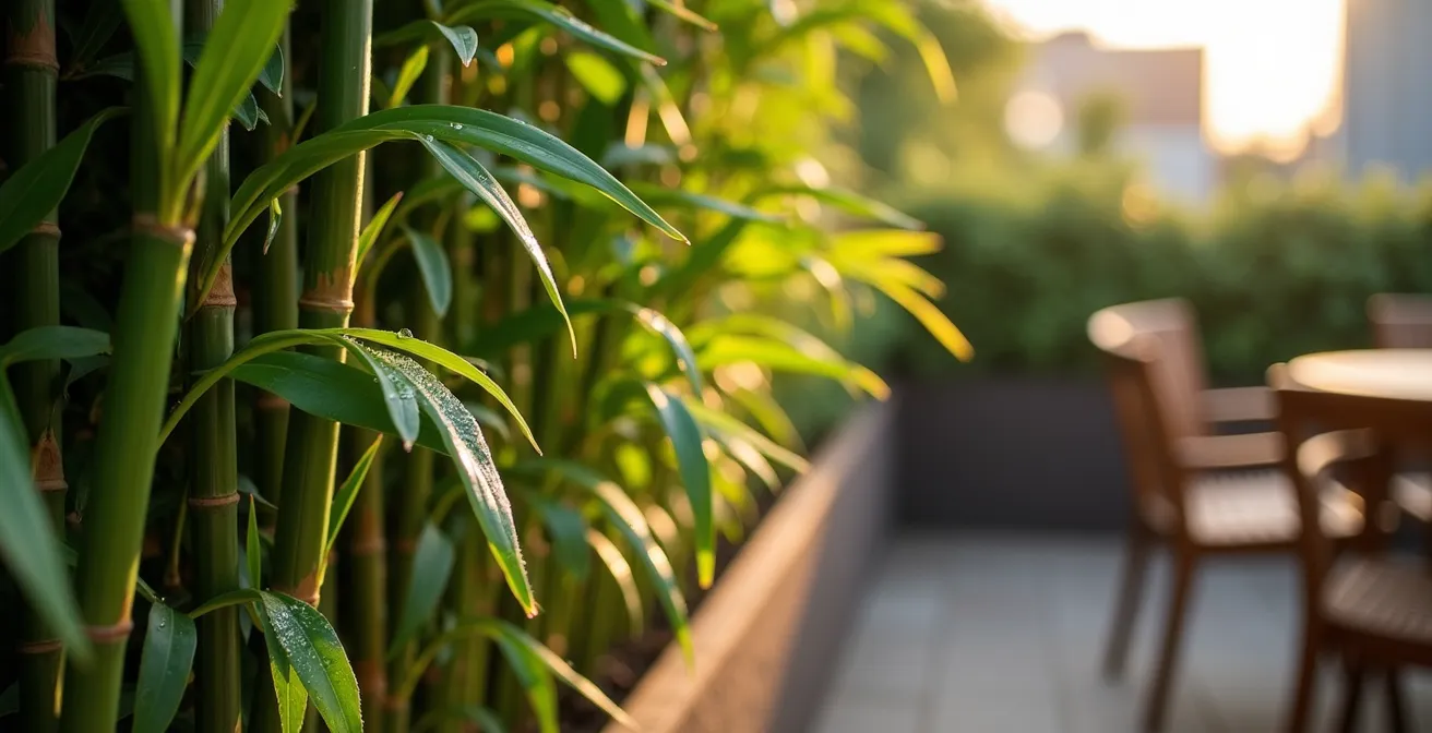 Pantalla vegetal exuberante en terraza de ático creando privacidad natural y protección del viento