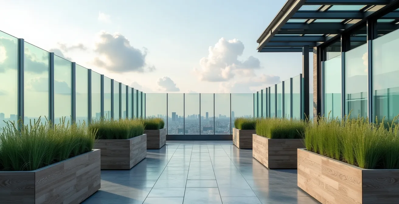 Sistema de paravientos telescópicos de cristal en terraza de ático con vistas urbanas preservadas