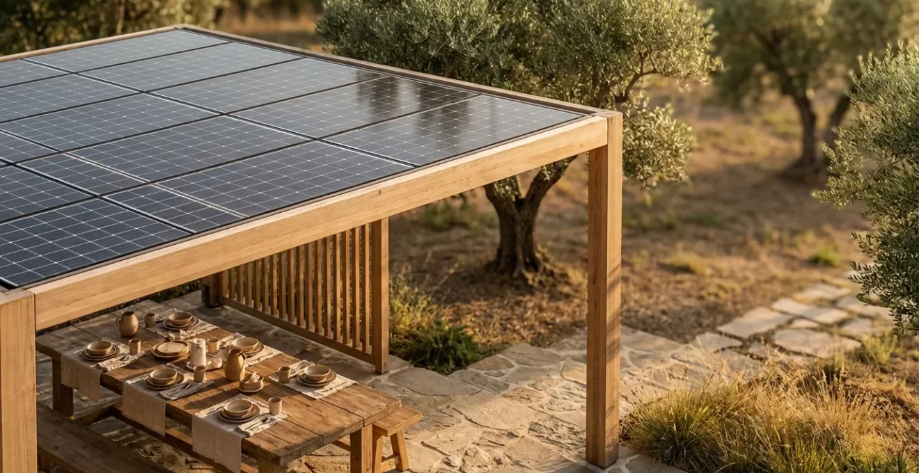 Pérgola de jardín con paneles solares perfectamente integrados en diseño minimalista