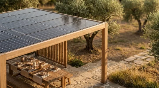 Pérgola de jardín con paneles solares perfectamente integrados en diseño minimalista