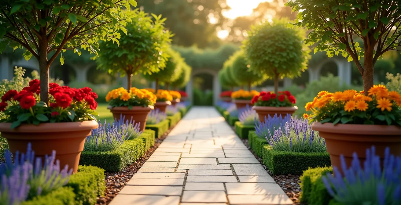 Técnica de perspectiva forzada en jardín estrecho con plantas en degradado