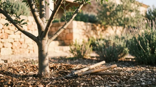 Árbol joven con estructura de ramas bien formada mostrando técnica de poda correcta