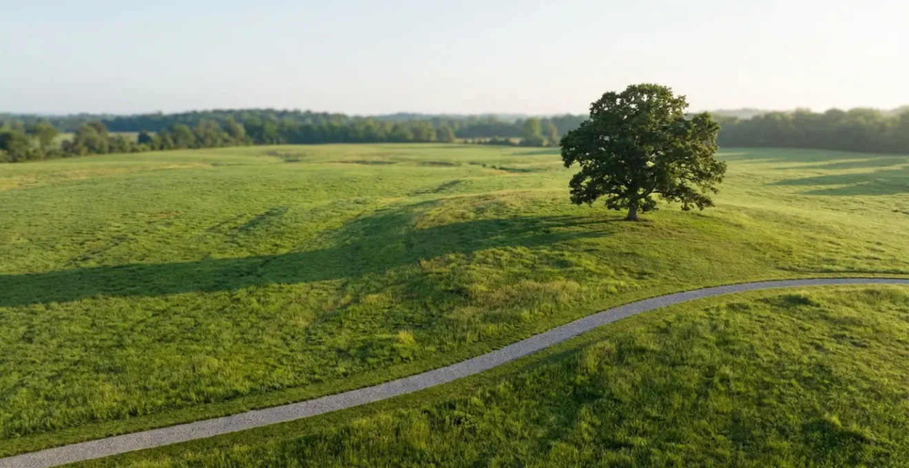 Vista aérea de una extensa pradera verde con suaves ondulaciones, bordes definidos y un árbol solitario creando punto focal