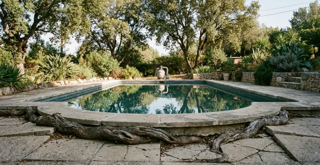 Raíces de árbol invadiendo los cimientos de una piscina de jardín, mostrando grietas en el hormigón