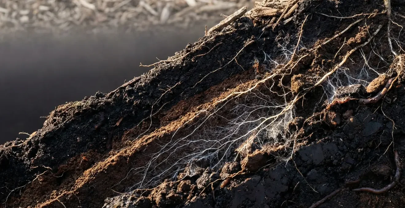 Red subterránea de micelio y hongos micorrízicos conectando raíces de plantas