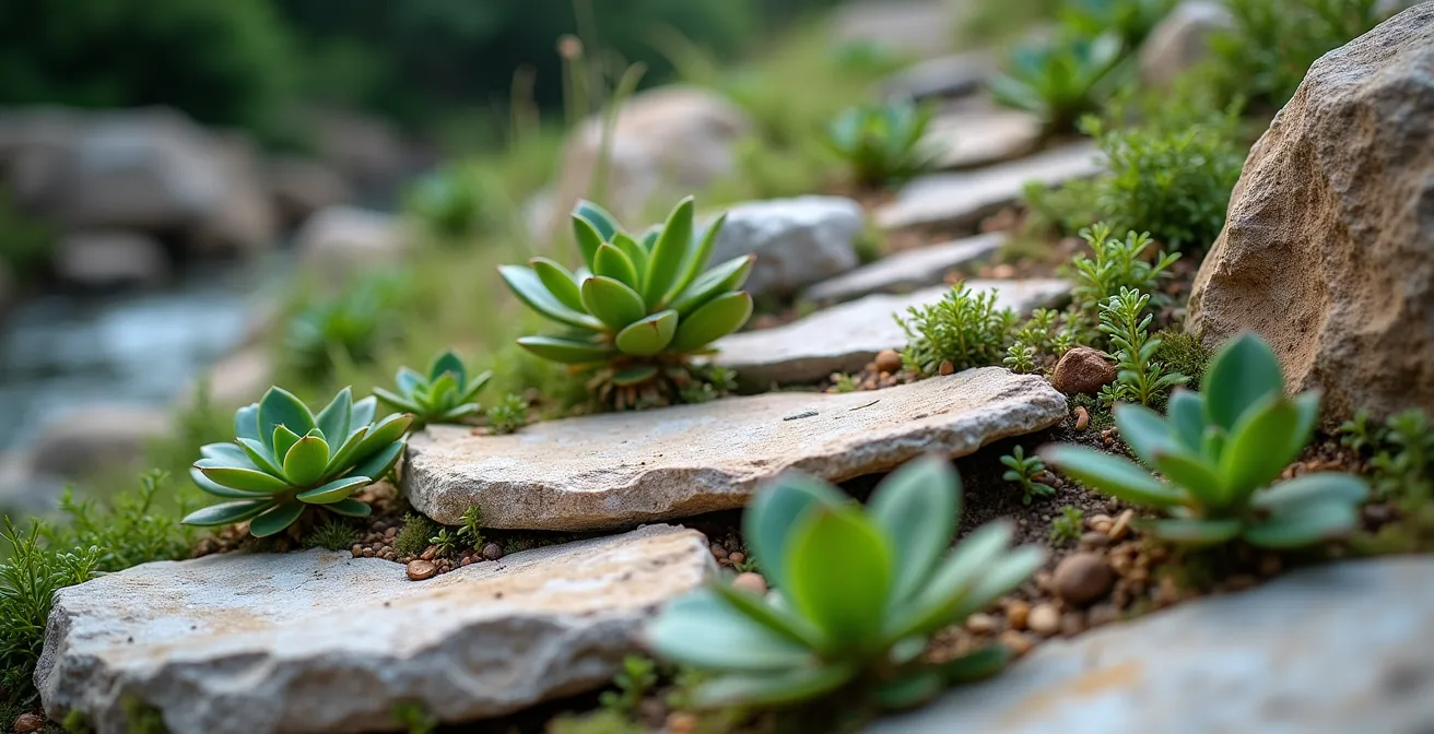 Detalle de rocalla natural con bolsillos de vegetación integrados en un talud ajardinado