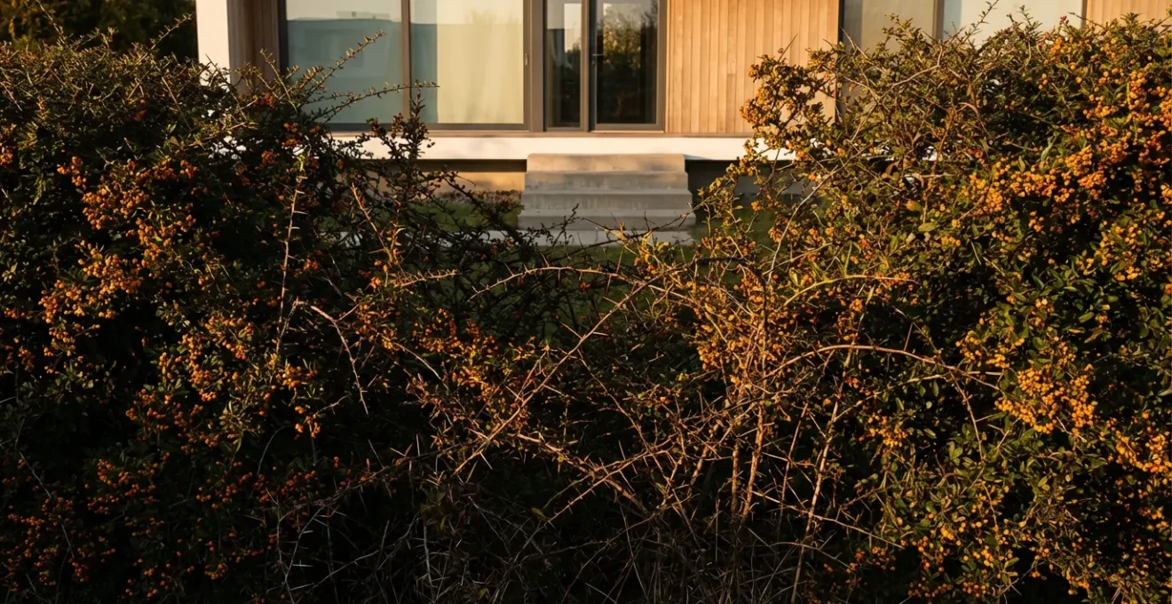 Barrera natural de plantas espinosas densas protegiendo entrada de casa al atardecer