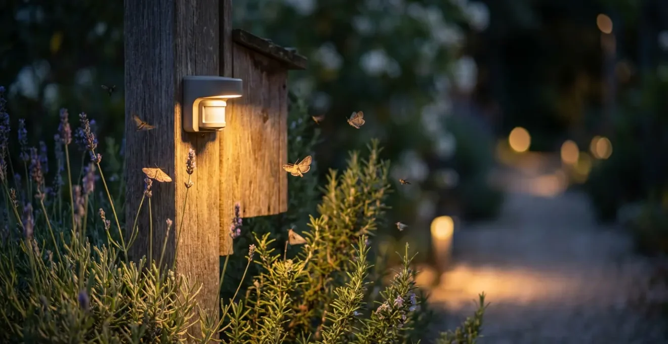 Sensor de movimiento discreto en jardín nocturno con iluminación cálida respetuosa con la fauna