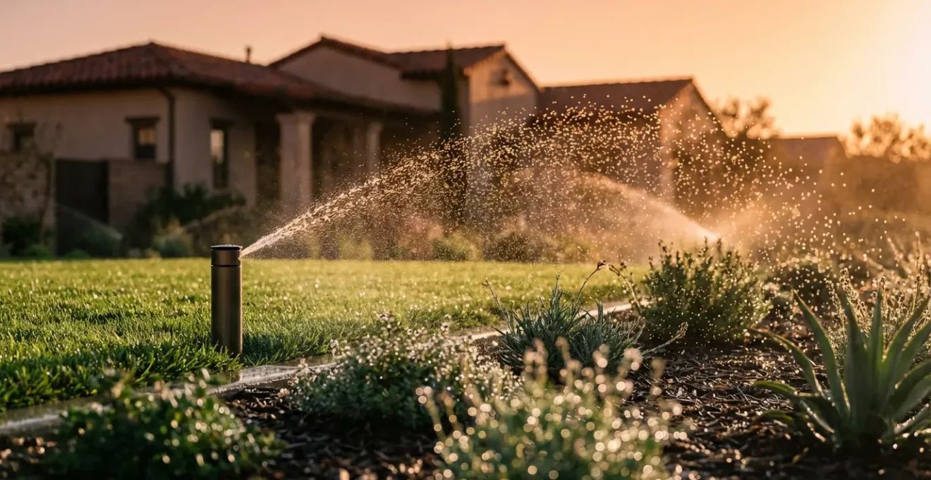 Sistema de riego automático en funcionamiento en un jardín residencial durante el atardecer de verano