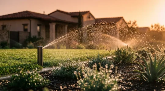 Sistema de riego automático en funcionamiento en un jardín residencial durante el atardecer de verano