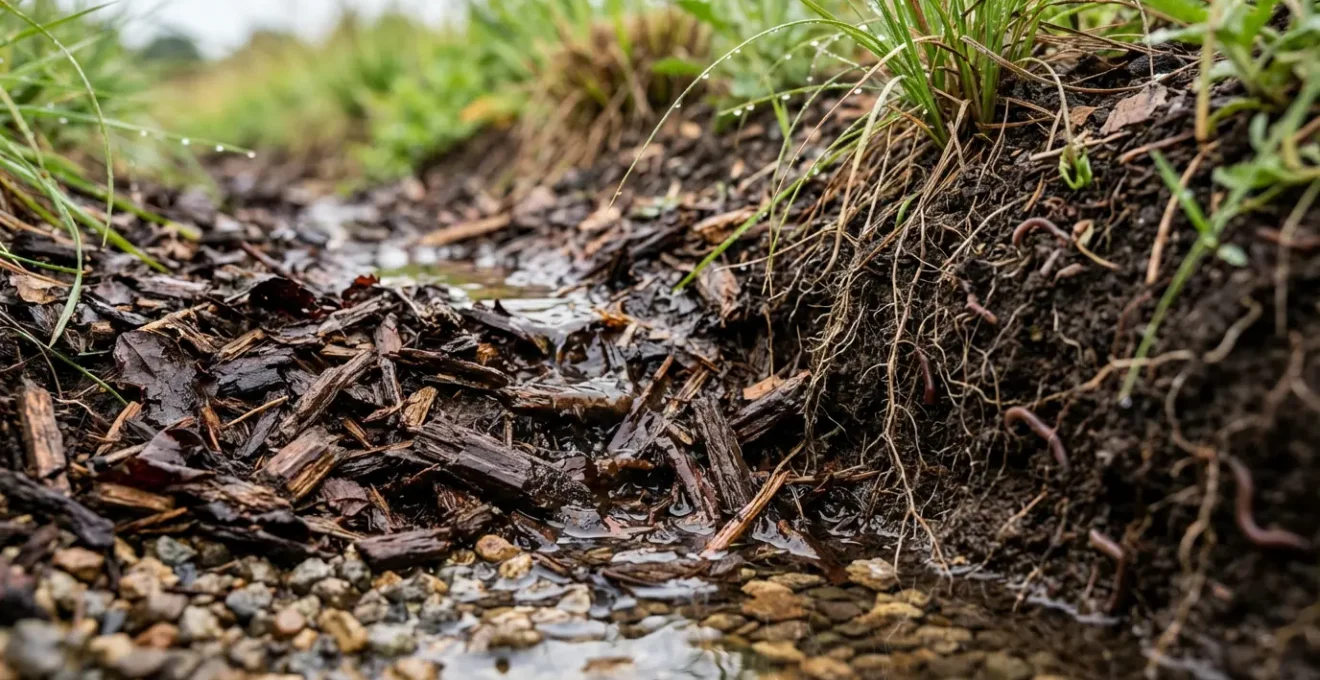 Sistema de zanjas de infiltración con vegetación en los lomos captando agua de lluvia