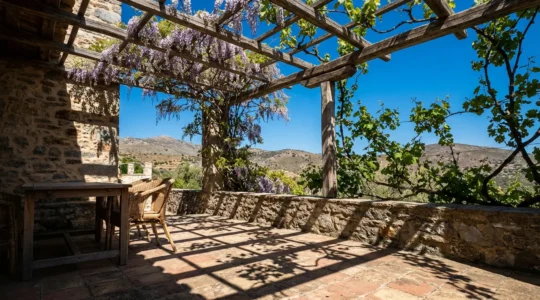 Terraza mediterránea con pérgola de madera, plantas trepadoras y zona de estar bajo sombra natural