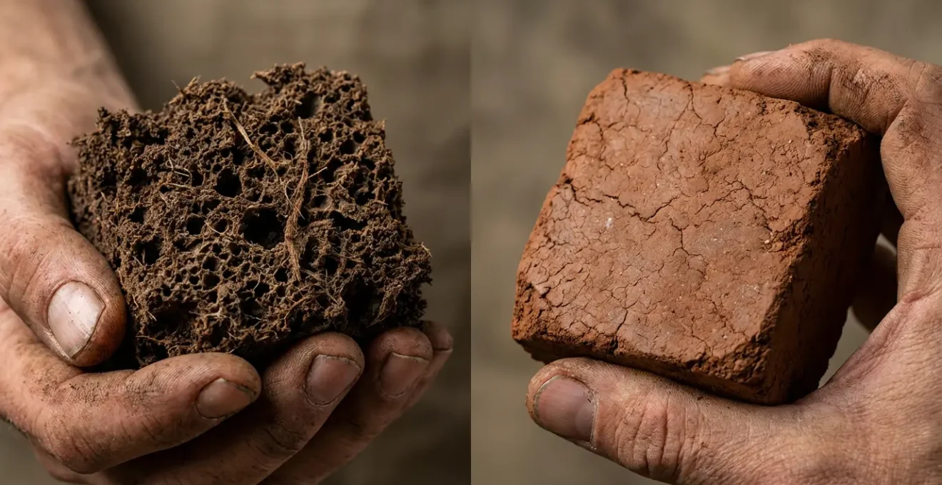 Comparación visual entre la estructura porosa de un suelo sano, similar a una esponja, y la estructura densa de un suelo compactado.